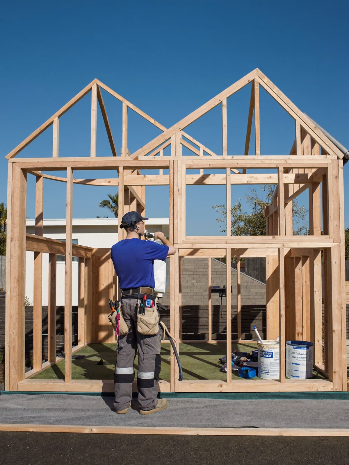 Contractor reviewing house framing at a residential job site on a sunny day